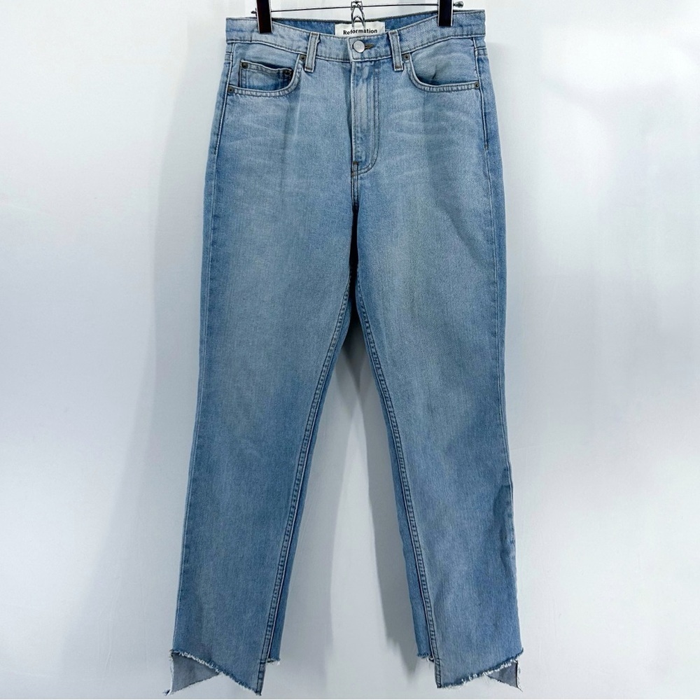 Reformation Light Blue High Rise Straight Leg Asymmetrical Raw Hem Size 27 - Picture 1 of 6
